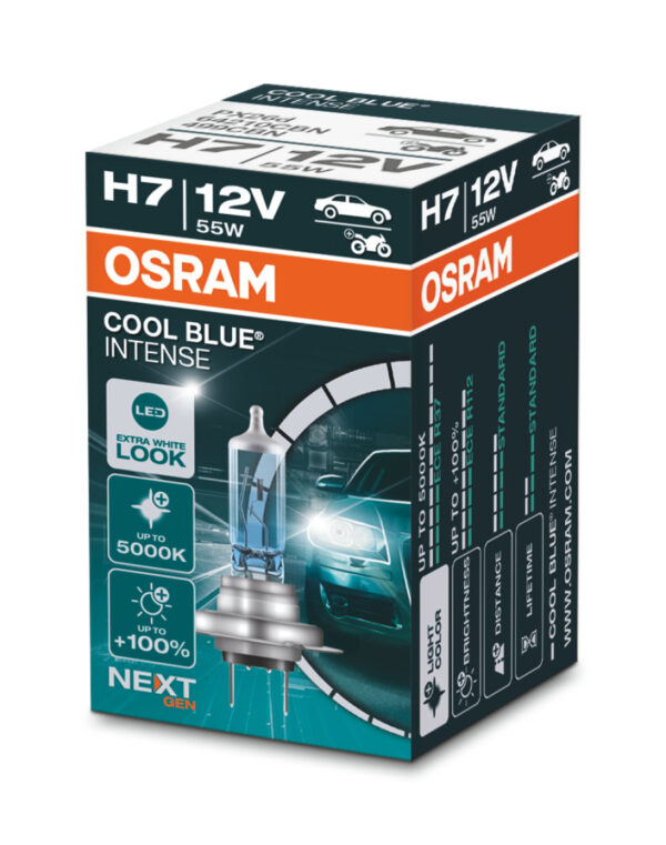 Lampade alogene per proiettori Osram  COOL BLUE INTENSE 64210CBN-HCB H7 55W 12V PX26d Luce extra bianca fino a 5.000 K simile al LED