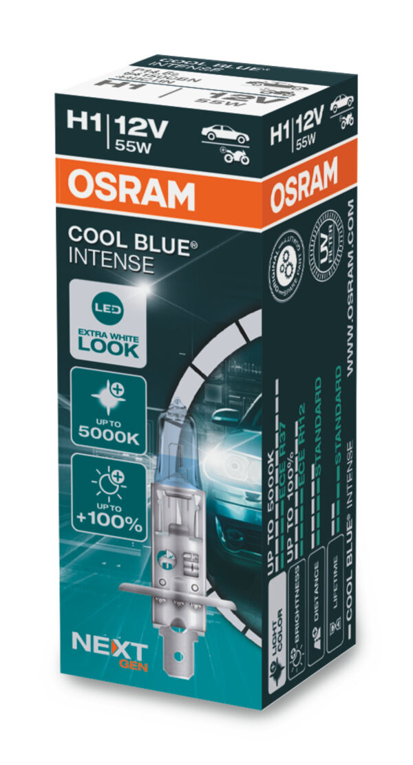 Lampade alogene per proiettori Osram  COOL BLUE INTENSE 64150CBN-HCB H1 55W 12V P14.5s  Luce extra bianca fino a 5.000 K simile al LED