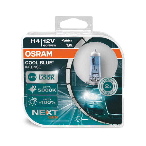 Lampade alogene per proiettori Osram  COOL BLUE INTENSE 64193CBN-HCB H4 60/55W 12V P43t  Luce extra bianca fino a 5.000 K simile al LED